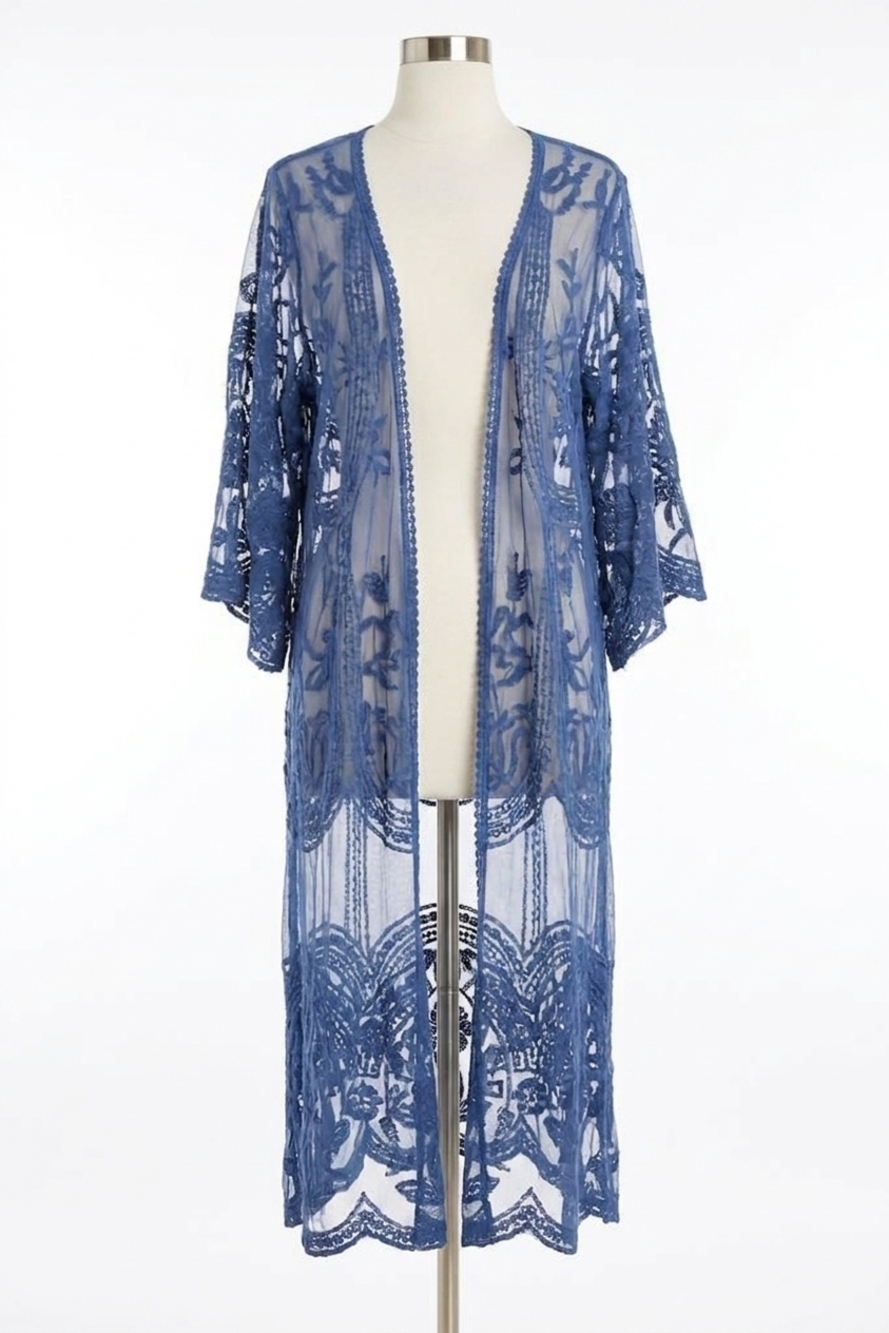 NEW DAVI & DANI boho sheer lace duster cardigan in denim blue